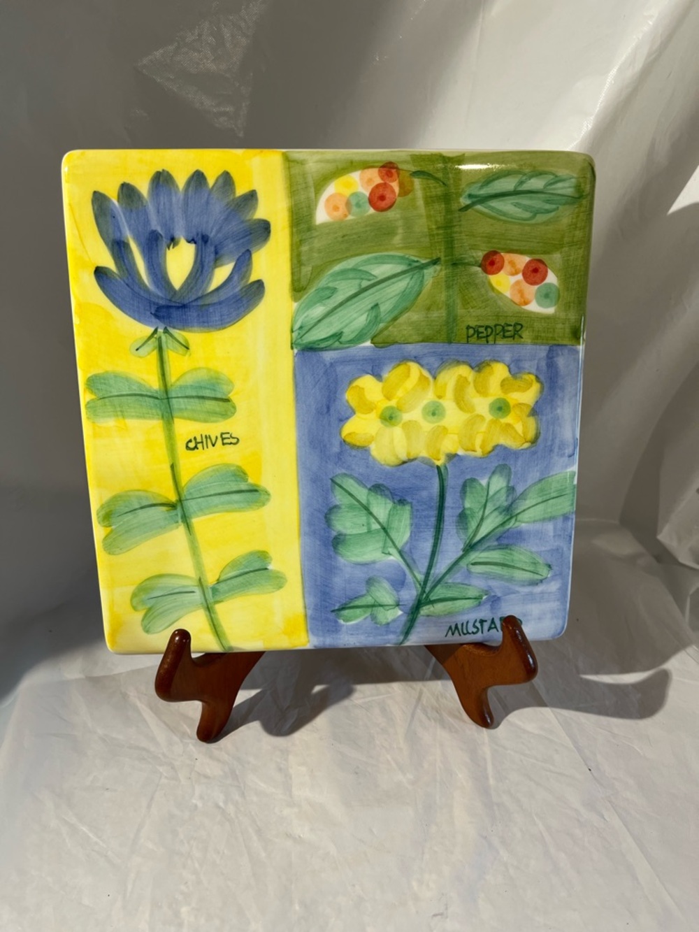 Hand-Painted Ceramic Herb Tile Plaque Trivet Oven Safe